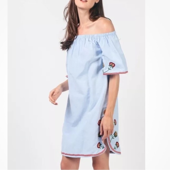 Zara Blue Off Shoulder Floral Embroidered Cotton Dress Boho XS - Picture 2 of 10